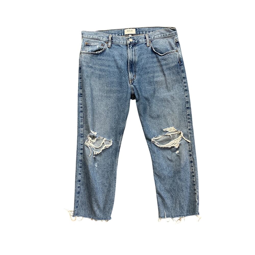 Agolde Jeans Women 32 Denim Mia Mid Rise Distressed Busted Knee Raw Hem Straight
